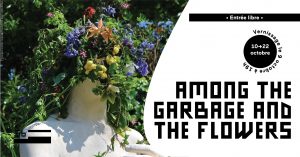 Poster for the exhibition ‘Among the Garbage and the Flowers’ featuring a white statue with a head made of colourful flowers and greenery.