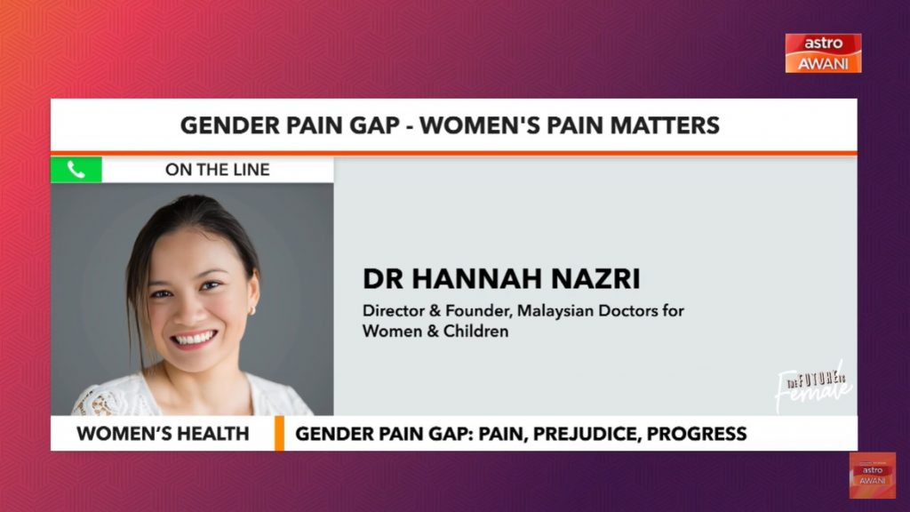 Broadcast graphic about the gender pain gap featuring a smiling woman next to text identifying Dr Hannah Nazri on the phone.
