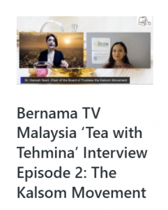 Screenshot of a Bernama TV ‘Tea with Tehmina’ interview featuring Tehmina Kaoosji (left) and Dr Hannah Nazri (right) in separate video frames.